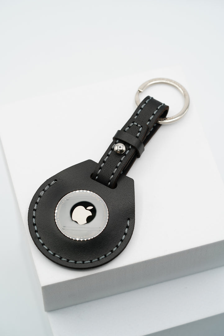 Handmade Leather AirTag Case - Black (Stitched loop)