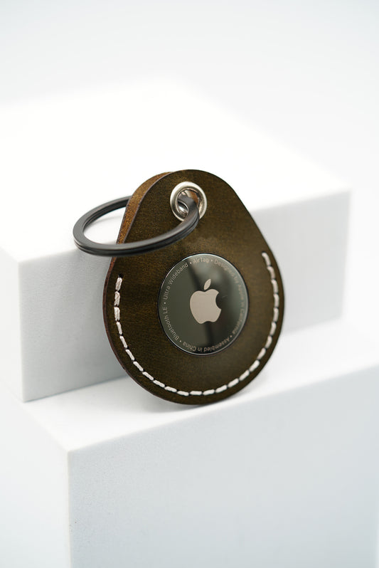 Personalised Handmade Leather AirTag Case - Olive