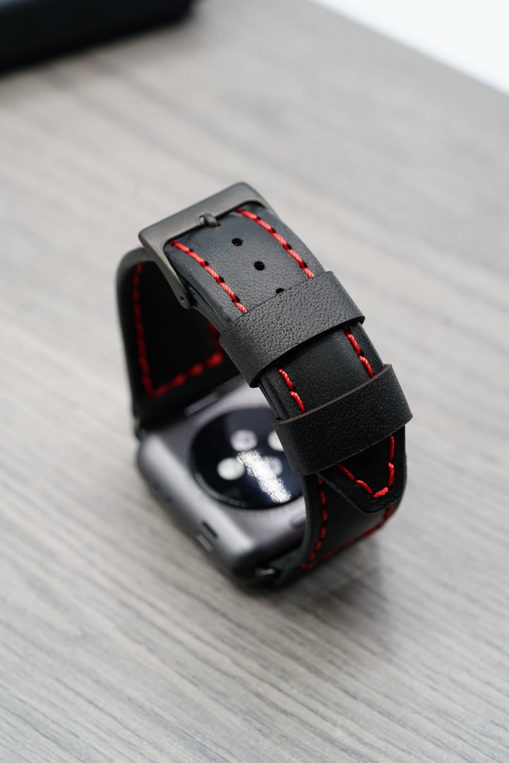Leather Apple Watch Strap - Handmade - Black & Red