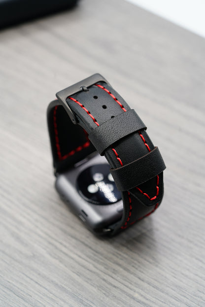 Leather Apple Watch Strap - Handmade - Black & Red