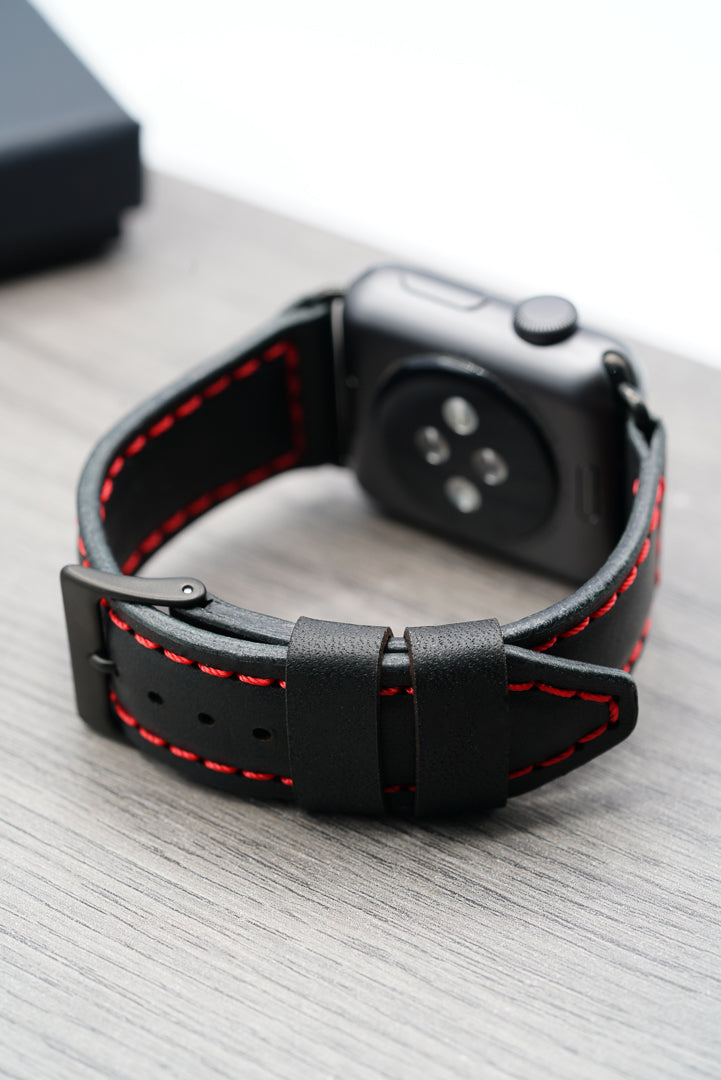 Leather Apple Watch Strap - Handmade - Black & Red