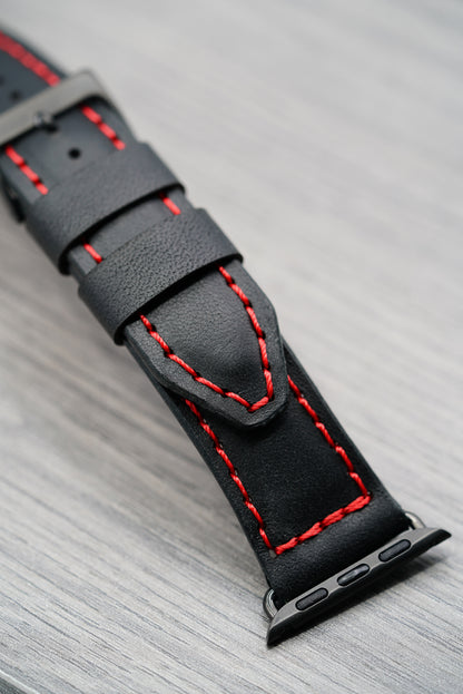 Leather Apple Watch Strap - Handmade - Black & Red