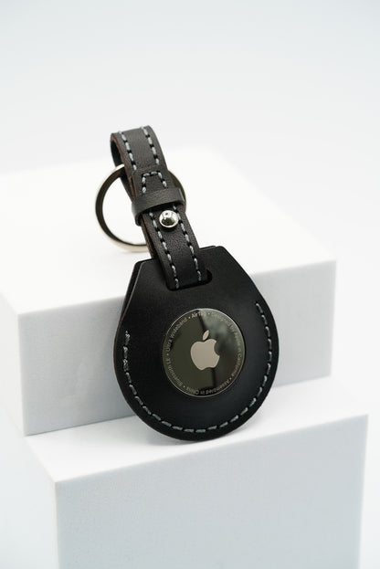 Handmade Leather AirTag Case - Black (Stitched loop)